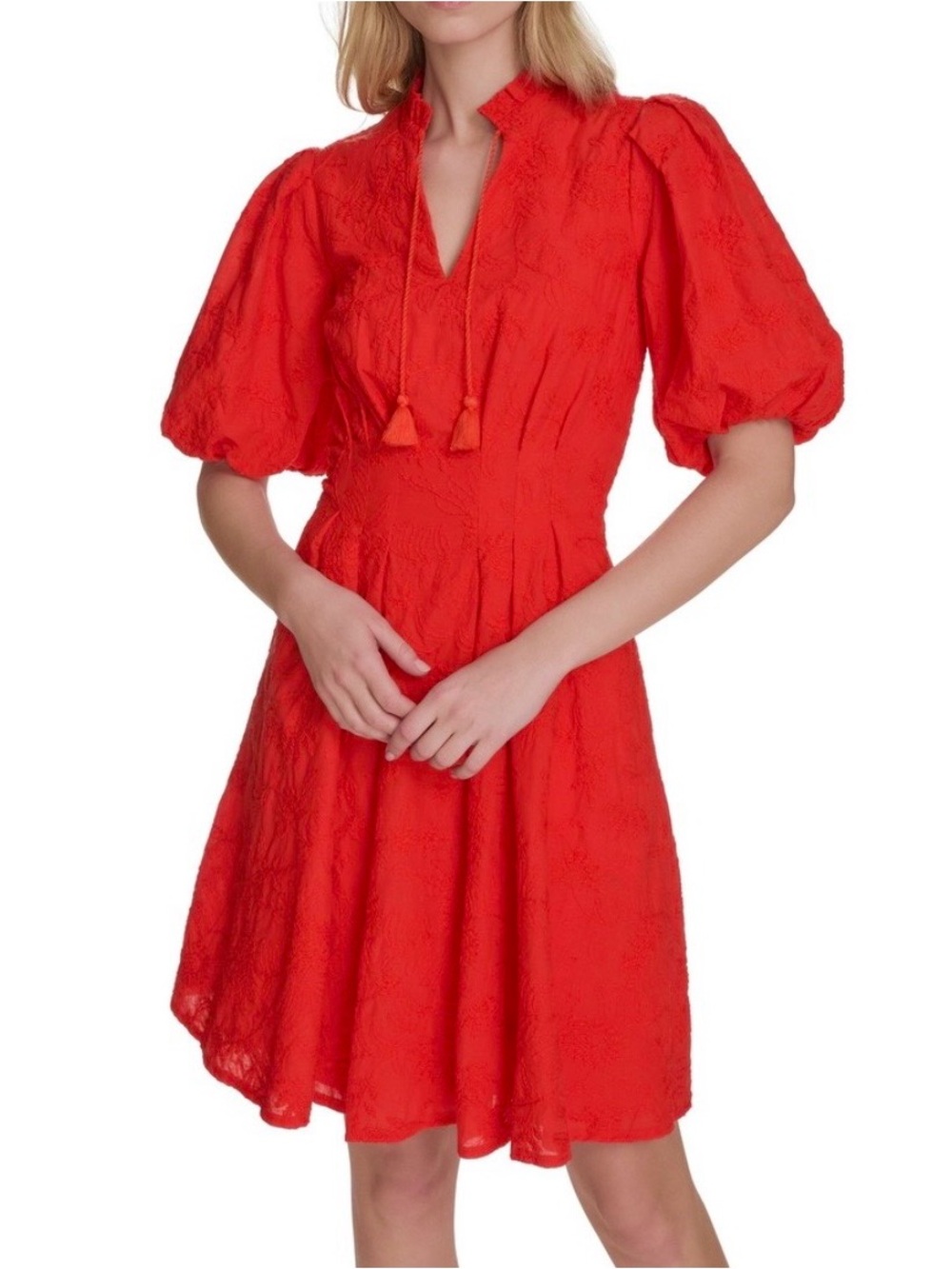 Eliza J orange red embroidered short sleeve cotton dress